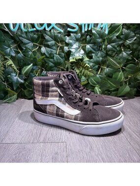 Vans Sk8 Hi Platform Plaid Suede High Top Sneakers Women Size 8.5 Brown Tan